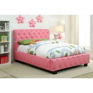 Julliard pink tufted twin bed with bluetooth speakers
